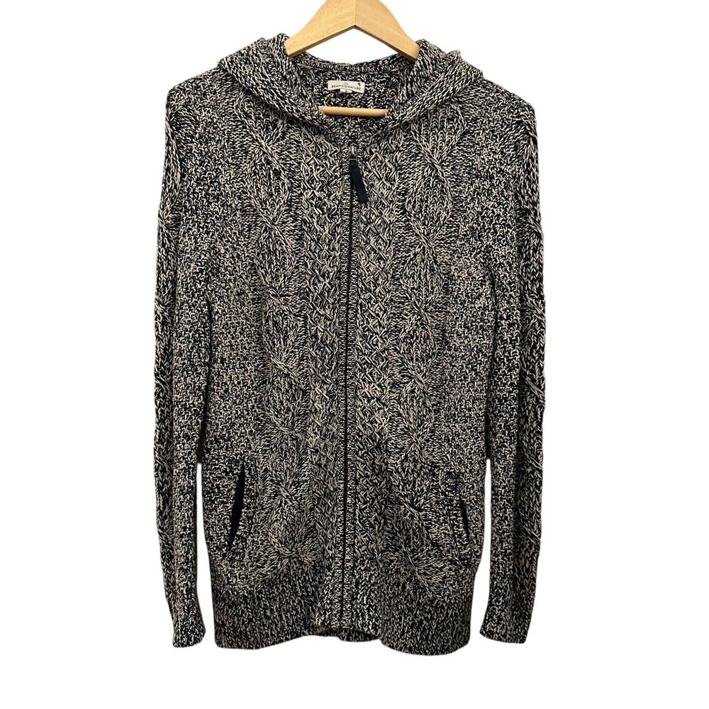 L.L. Bean Signature Blue and White Combed Cotton Hooded Full Zip Sweater S‎